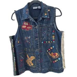 Chico’s 1 Denim Vest Embroidery Mirror Accents Boho Chic Festive Native Y2K 90’s